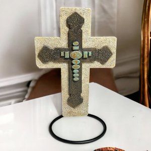 Faith Collection‎ Hanging Decorative Cross w/ Stand Resin Faux Turquoise Rustic